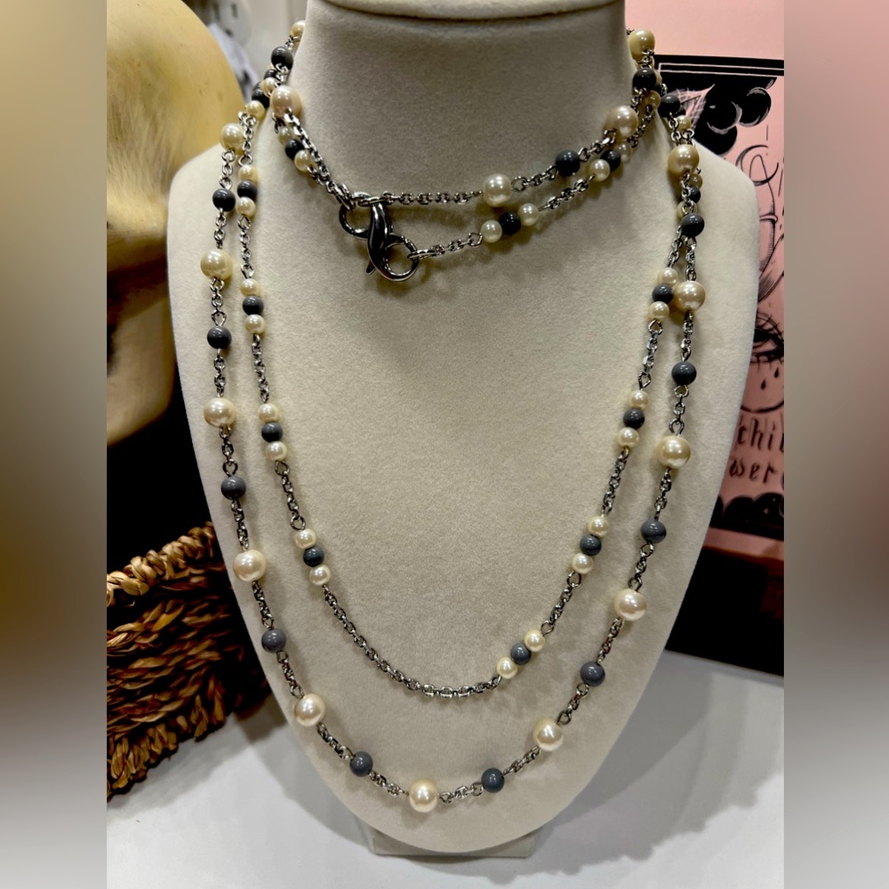 Lia Sophia long necklace with soft creams & gray pearls.